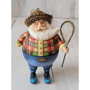 Rustic bobblehead Santa Fisher AS IS ornament fish net